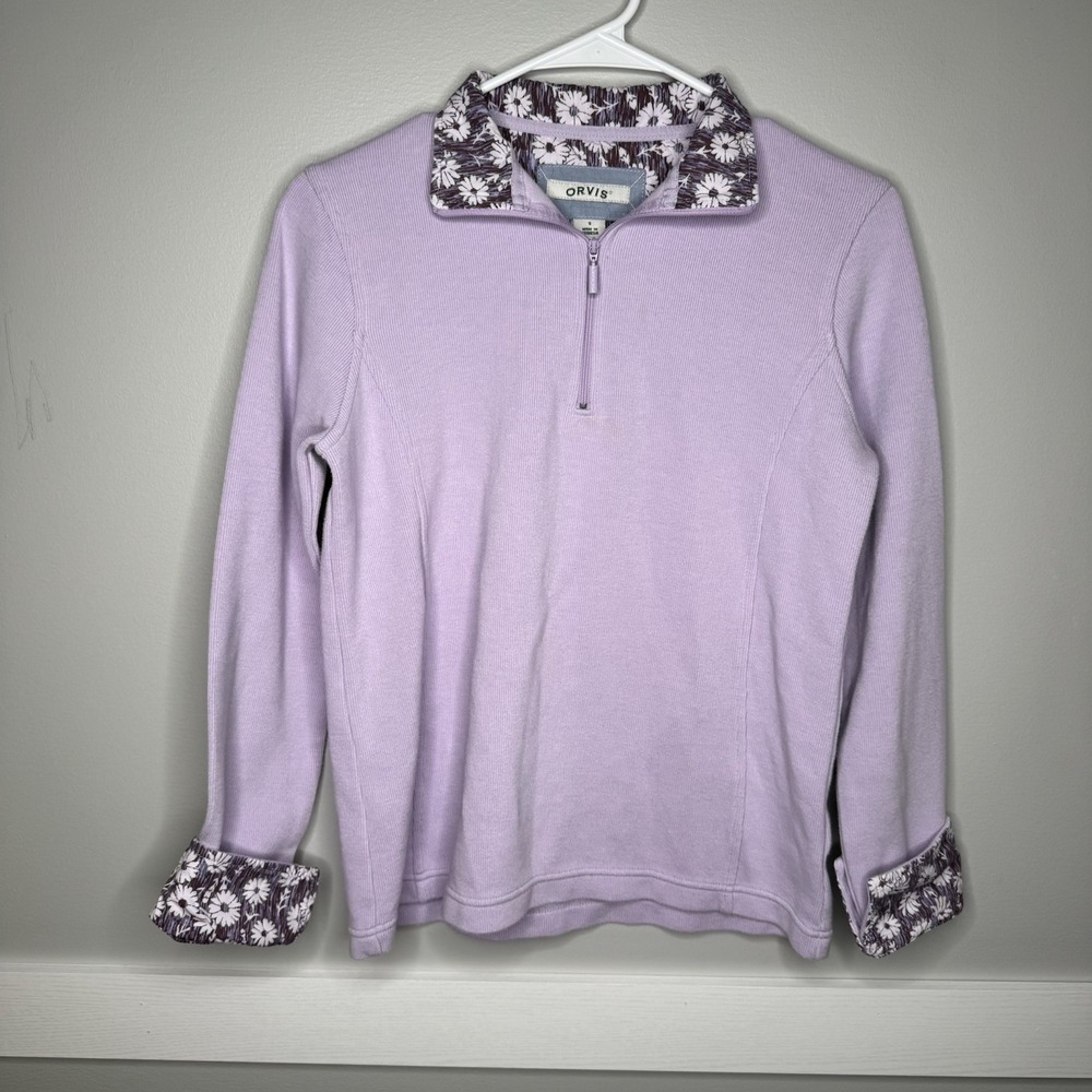 Orvis Women's Small 1/4 Zip Knit‎ Pullover Lavender Floral Lined Collar Sweater